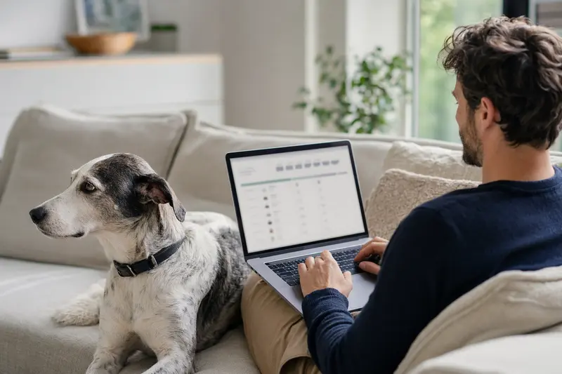 Ein Hund und sein Besitzer nutzen gemeinsam einen Laptop zur Recherche über Tierkrankenversicherungen in einer ruhigen Wohnung.