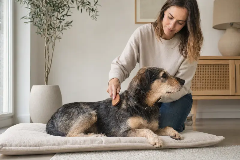 Ein Turnspit Dog wird zuhause sanft gebürstet, während sein Besitzer die Fellpflege liebevoll und aufmerksam übernimmt.