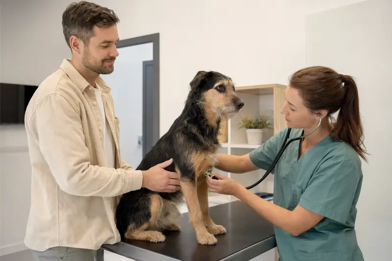 Eine Tierärztin untersucht einen ruhigen Turnspit Dog mit dem Stethoskop auf dem Untersuchungstisch, während der Besitzer beruhigend danebensteht.