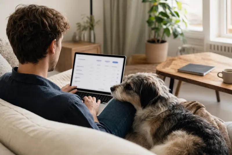 Ein Hundebesitzer sitzt mit einem Laptop auf dem Sofa neben einem Turnspit Dog und vergleicht Tierversicherungen.