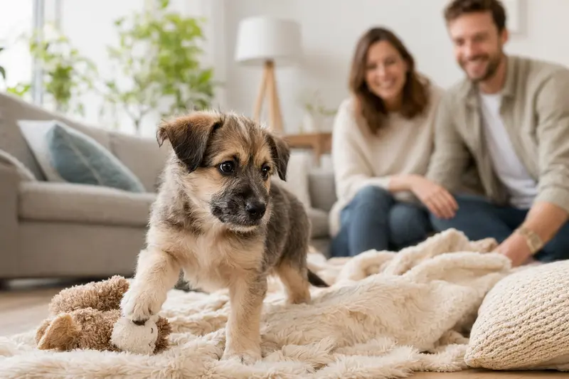 Neugieriger Turnspit Dog Welpe entdeckt sein neues Zuhause auf einer weichen Decke mit Spielzeug, während seine Familie im Hintergrund sitzt.