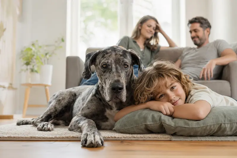 Eine Ulmer Dogge liegt entspannt neben einem Kind im Wohnzimmer, während Eltern im Hintergrund für eine sichere Familienatmosphäre sorgen.
