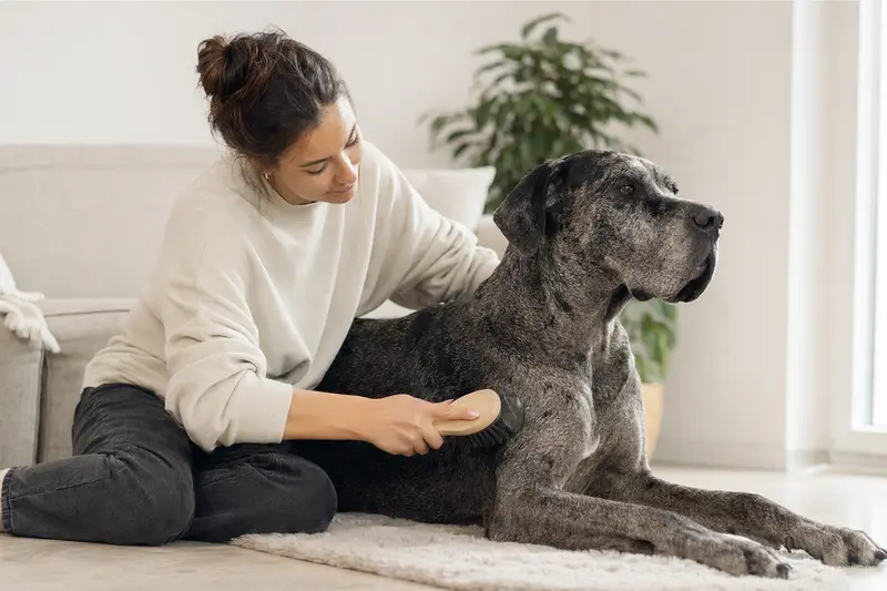 Eine Ulmer Dogge wird in einer hellen Wohnung liebevoll von ihrem Besitzer gebürstet und gepflegt.