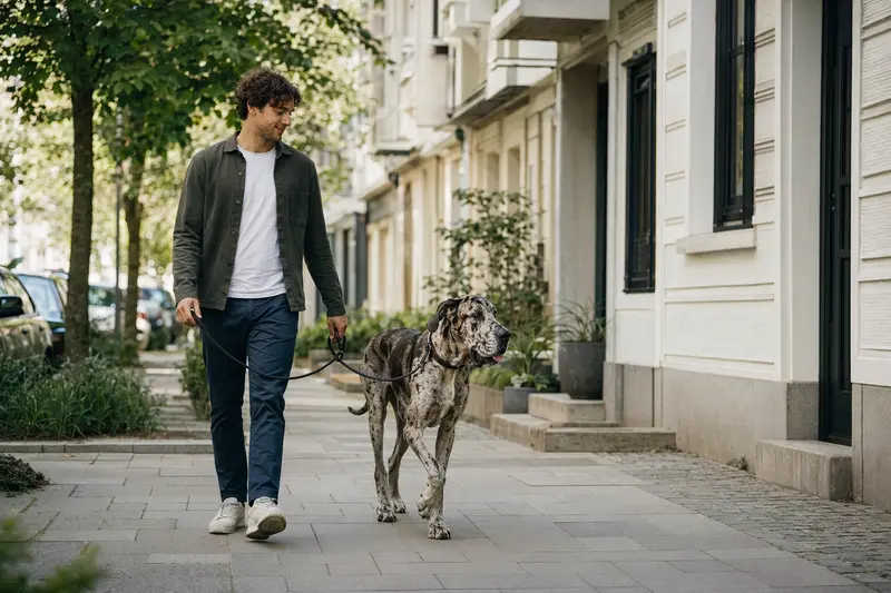 Eine Ulmer Dogge läuft an der Leine mit ihrem Besitzer durch eine freundliche moderne Stadtstraße.