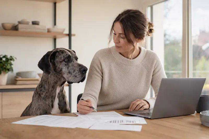 Eine Deutsche Dogge sitzt ruhig neben ihrem Besitzer am Küchentisch, während Versicherungsunterlagen und ein Laptop mit einer neutralen Vergleichsseite vor ihr liegen.