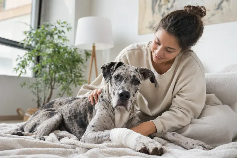 Eine Ulmer Dogge mit leichtem Verband an der Pfote liegt ruhig auf einer Decke, während ihr Besitzer daneben erleichtert sitzt.
