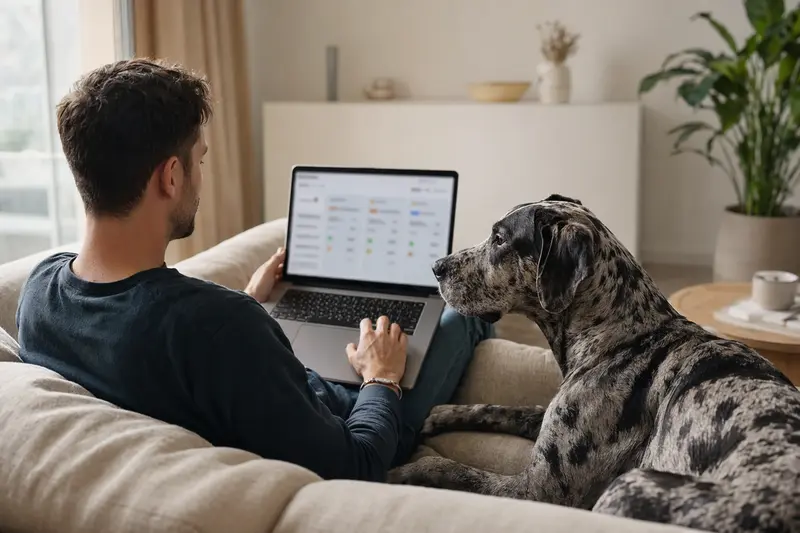 Ein Hundebesitzer arbeitet am Laptop auf dem Sofa, neben ihm sitzt eine Ulmer Dogge in einer hellen Wohnung.