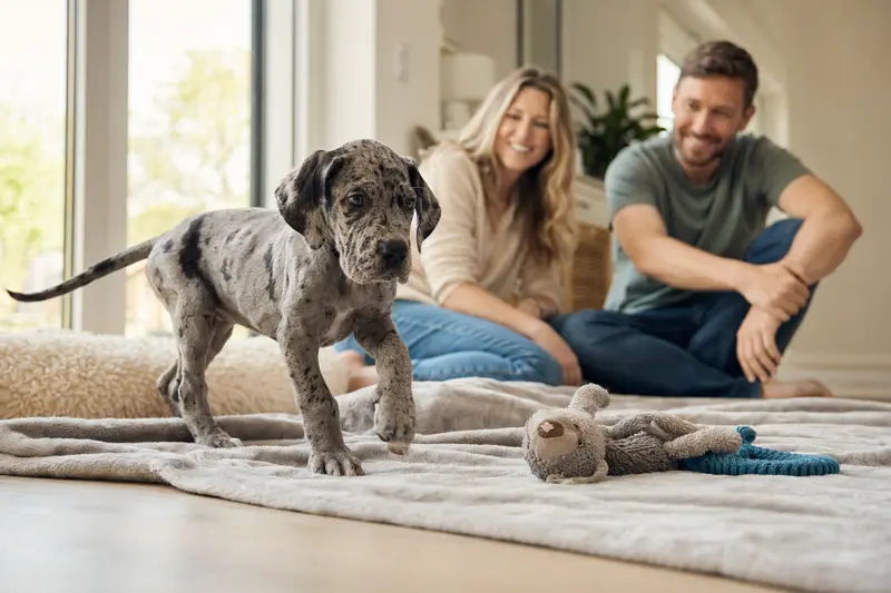 Junger Ulmer Dogge Welpe entdeckt neugierig sein neues Zuhause in einer hellen Wohnung mit weicher Decke und Spielzeug im Vordergrund.