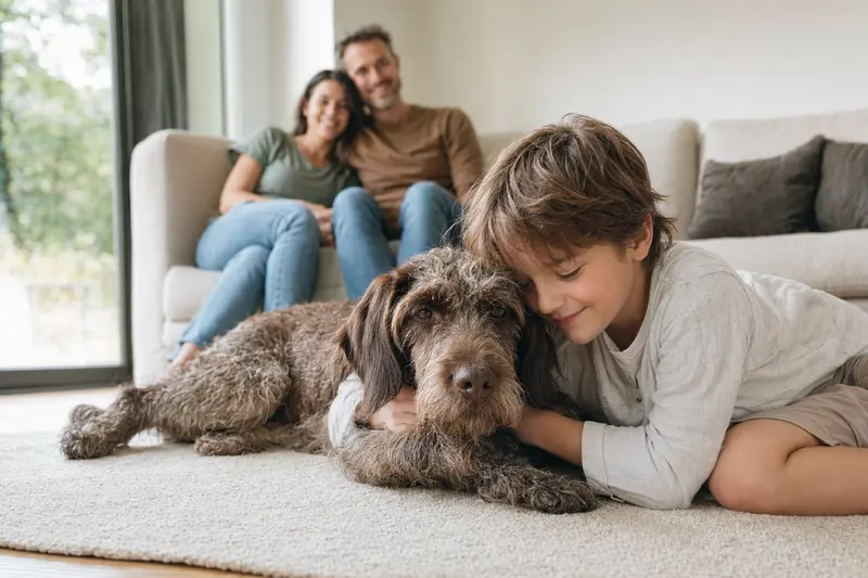 Ein Ungarisch Drahthaar liegt entspannt neben einem Kind im hellen Wohnzimmer, während die Eltern im Hintergrund eine vertrauensvolle Familienatmosphäre schaffen.