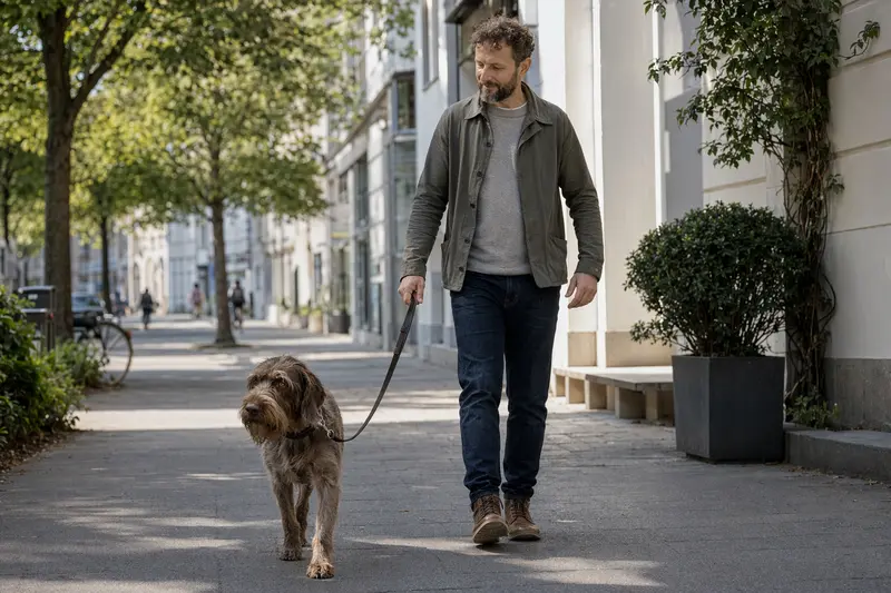 Ein Ungarisch Drahthaar läuft angeleint mit seinem Besitzer durch eine moderne Stadtstraße.