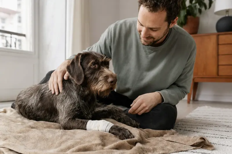 Ungarisch Drahthaar mit leichtem Verband an der Pfote liegt ruhig auf einer Decke neben seinem erleichterten Besitzer.