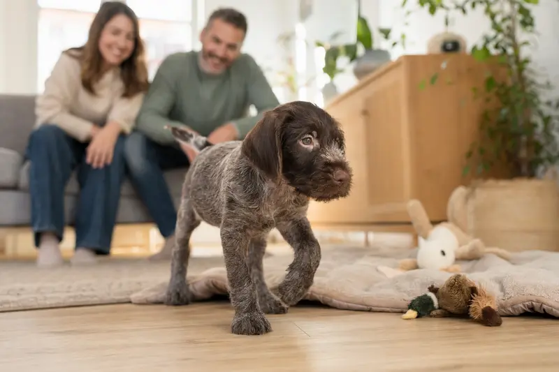Ein junger Ungarisch Drahthaar Welpe entdeckt neugierig sein neues Zuhause mit weicher Decke und Spielzeug in einer hellen Wohnung.