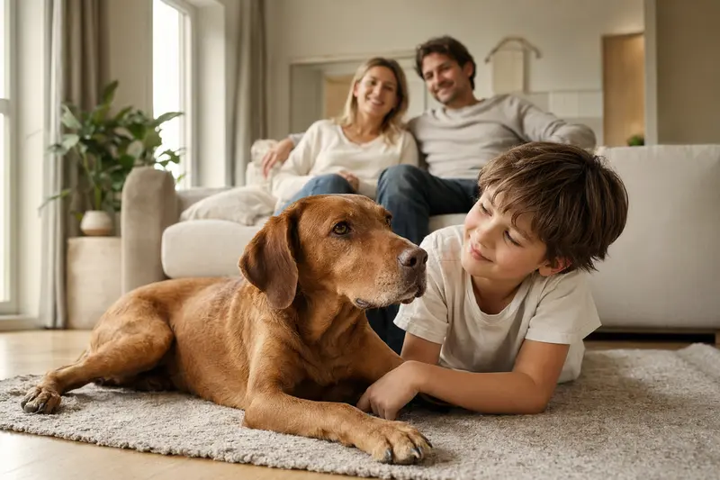 Ein freundlicher Ungarische Bracke Hund liegt entspannt neben einem Kind im Wohnzimmer, während die Eltern im Hintergrund stehen.