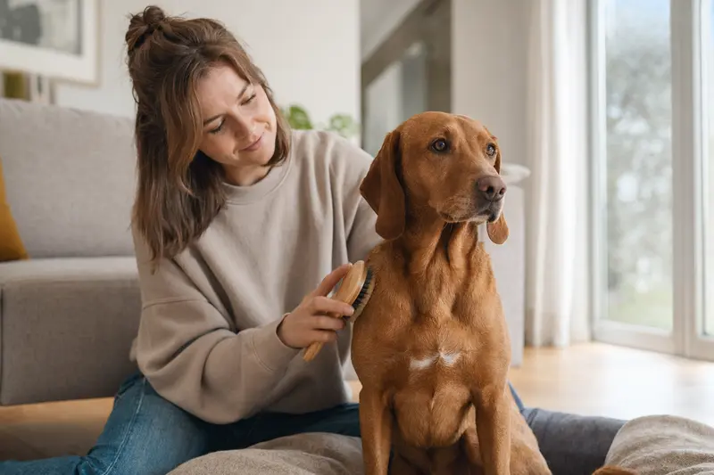 Eine Ungarische Bracke wird in einer hellen Wohnung sanft gebürstet und erfährt liebevolle Fellpflege durch ihren Besitzer.