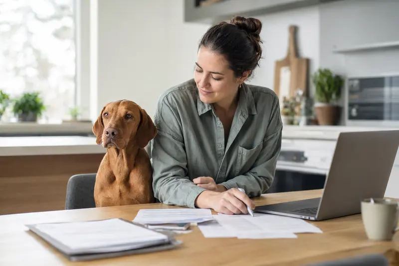 Eine Ungarische Bracke sitzt ruhig neben ihrem Besitzer am Küchentisch, während Versicherungsunterlagen und ein Laptop mit Vergleichsseite vor ihnen liegen.