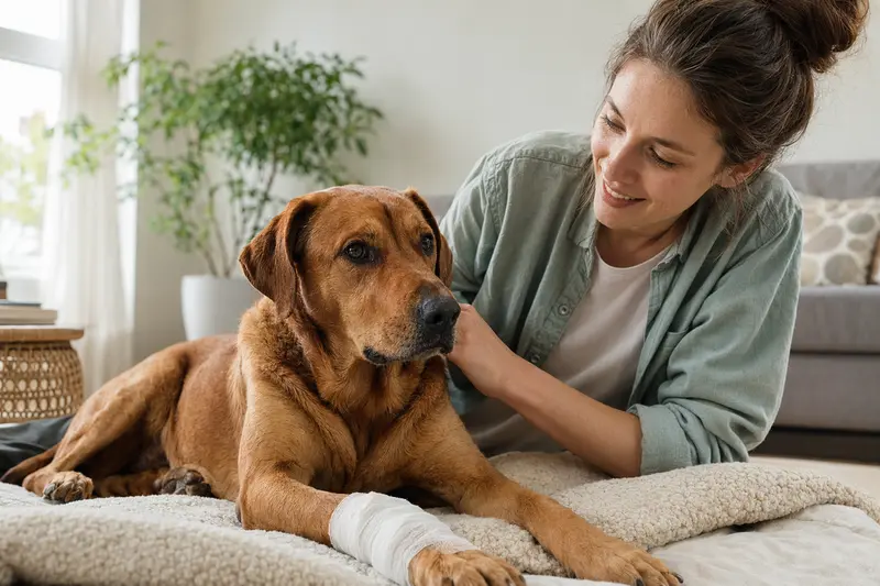 Ein Ungarische Bracke Hund mit leicht verbundenem Pfotenverband liegt ruhig auf einer Decke, während sein Besitzer erleichtert neben ihm sitzt.