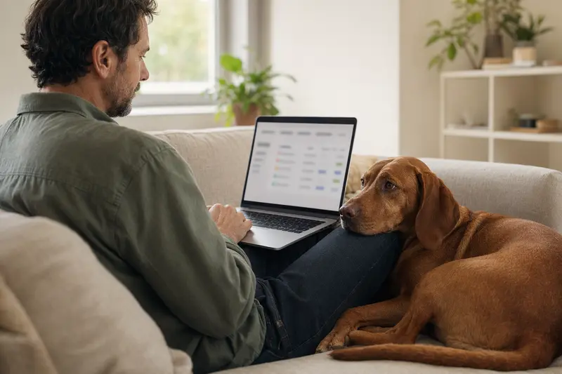 Ein Hundebesitzer sitzt bequem mit seinem Ungarischen Bracke auf dem Sofa, während er in eine neutrale Versicherungsvergleichs-Oberfläche auf dem Laptop schaut.