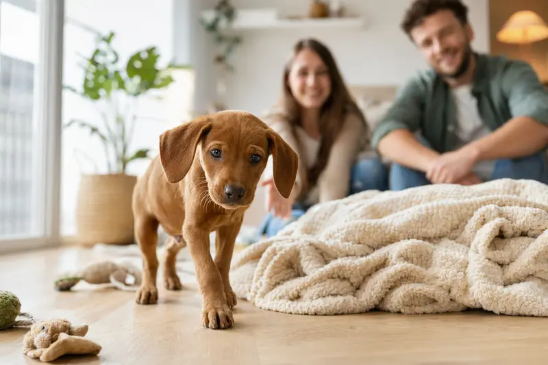 Ein junger Ungarische-Bracke-Welpe erkundet neugierig sein neues Zuhause mit weicher Decke und Spielzeug, während im Hintergrund eine liebevolle Familie zu sehen ist.