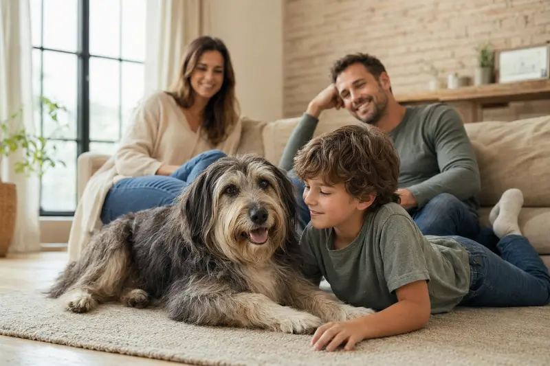 Ein Ungarischer Hirtenhund liegt entspannt neben einem Kind im Wohnzimmer, während die Eltern im Hintergrund stehen.