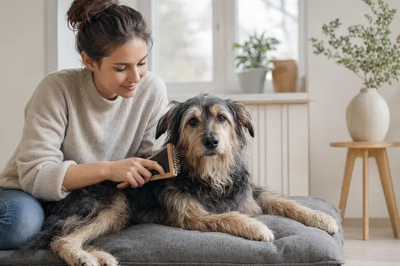 Ein Ungarischer Hirtenhund wird in einer hellen Wohnung sanft gebürstet, während sich der Besitzer liebevoll um die Fellpflege kümmert.