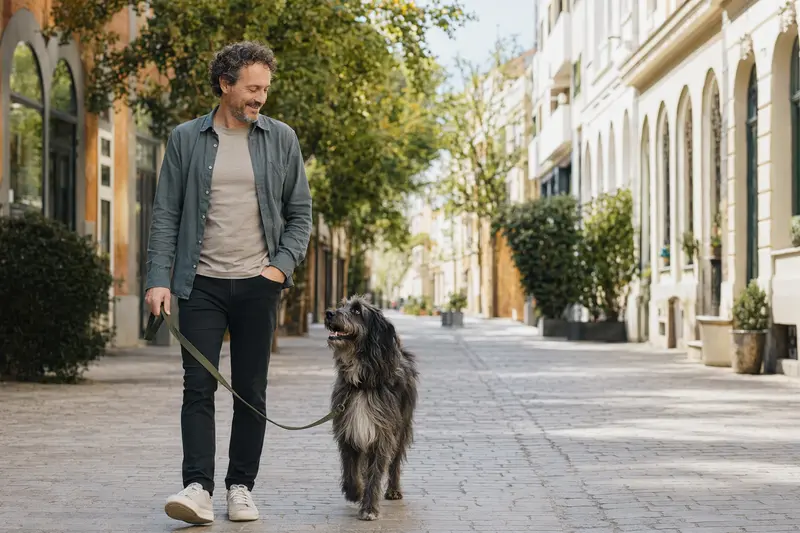 Ein Ungarischer Hirtenhund läuft an der Leine mit seinem Besitzer durch eine moderne Stadtstraße.