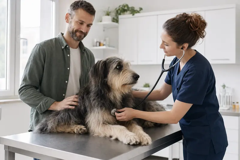 Eine Tierärztin untersucht einen ruhigen Ungarischen Hirtenhund mit dem Stethoskop, während der Besitzer in einer hellen Tierarztpraxis beruhigend danebensteht.