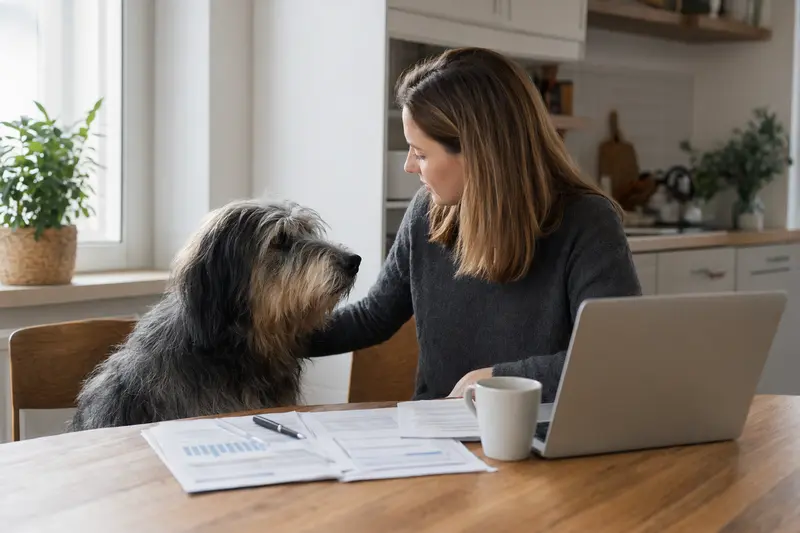 Ein Ungarischer Hirtenhund sitzt ruhig neben seinem Besitzer am Küchentisch mit Versicherungsunterlagen und Laptop zur Hundeversicherung.