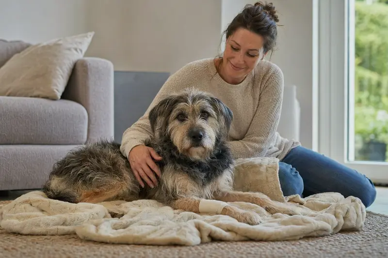 Ein Ungarischer Hirtenhund liegt mit leicht verbundenen Pfote auf einer Decke, während sein Besitzer neben ihm erleichtert sitzt.