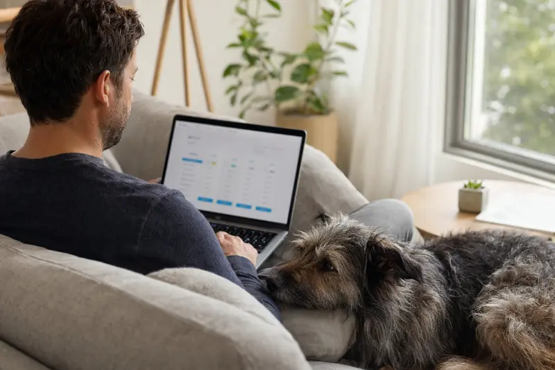 Besitzer sitzt mit Laptop auf dem Sofa, während ein Ungarischer Hirtenhund daneben liegt, Bildschirm zeigt Versicherungsvergleich.