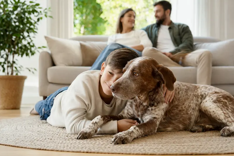Ein Ungarischer Kurzhaar Hund liegt entspannt neben einem Kind im Wohnzimmer, während die Eltern im Hintergrund eine sichere Familienatmosphäre schaffen.