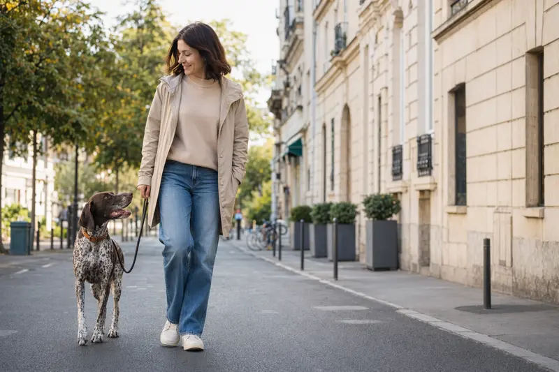 Ein ungarischer Kurzhaar Hund läuft an der Leine mit seinem Besitzer durch eine freundliche moderne Stadtstraße.