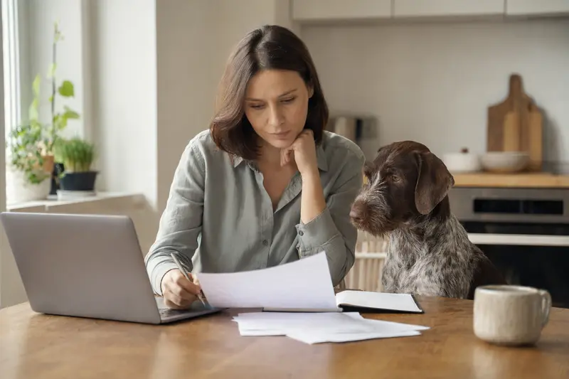 Ein Ungarischer Kurzhaar-Hund sitzt ruhig neben seinem Besitzer am Küchentisch, während Versicherungsunterlagen und ein Laptop mit einer neutralen Vergleichsseite vor ihm liegen.