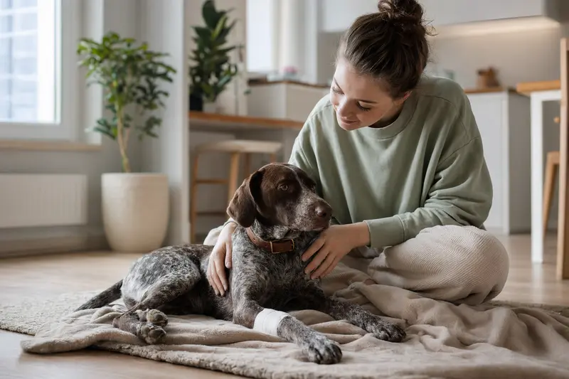Ungarischer Kurzhaar Hund mit leicht verbundenem Pfotenbein liegt ruhig auf einer Decke, während sein Besitzer erleichtert neben ihm sitzt.