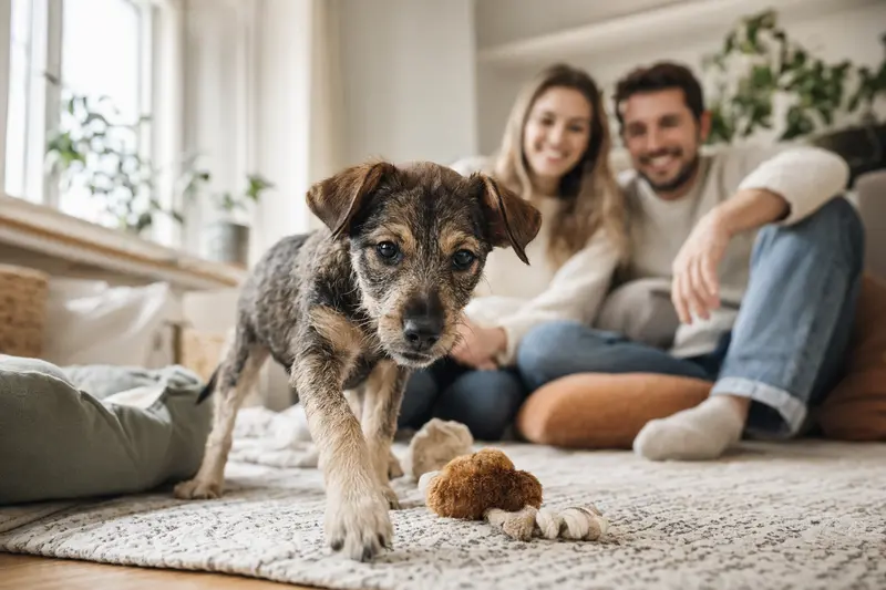 Junger Ungarischer Kurzhaar Welpe entdeckt neugierig sein neues Zuhause auf einer weichen Decke in einer hellen Wohnung.