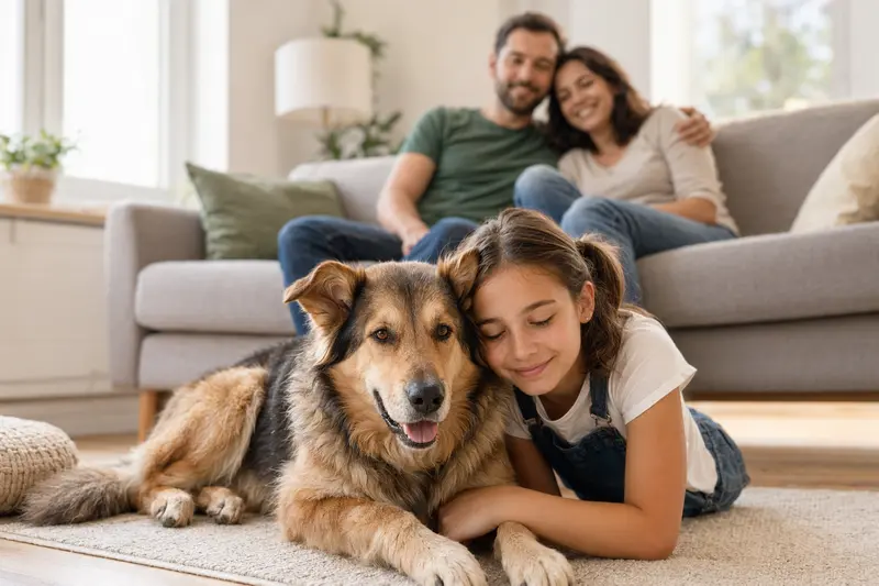Ein freundlicher Ungarischer Schäferhund liegt entspannt neben einem Kind im Wohnzimmer, während die Eltern im Hintergrund für eine sichere Familienatmosphäre sorgen.