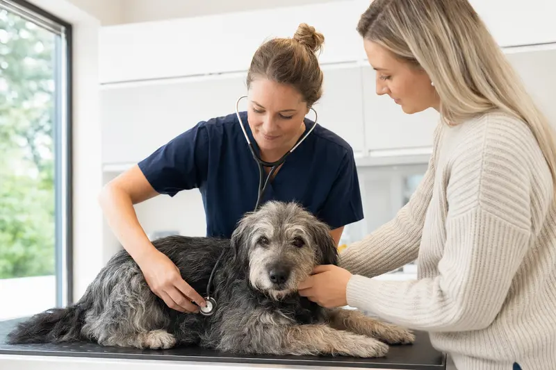 Eine freundliche Tierärztin untersucht einen ruhigen Ungarischen Schäferhund mit dem Stethoskop, während der Besitzer in der modernen Tierarztpraxis beruhigend danebensteht.