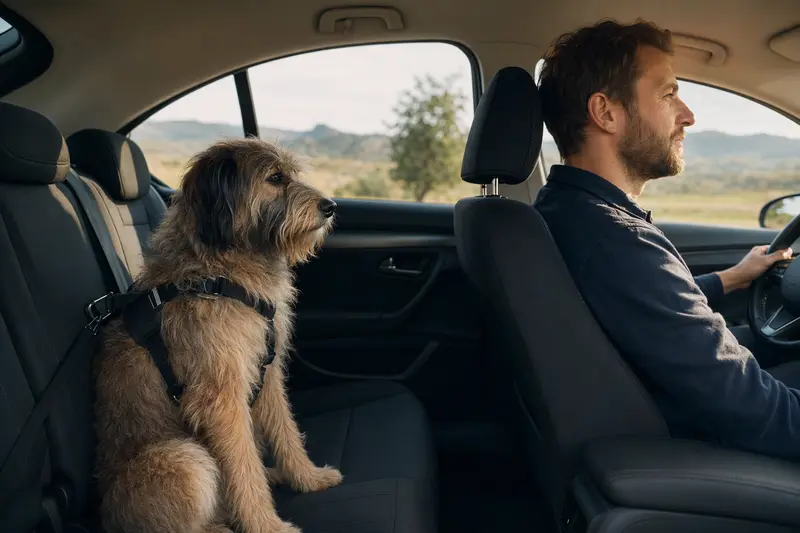 Ein Ungarischer Schäferhund sitzt sicher angeschnallt auf der Rückbank eines Autos, während der Fahrer ruhig fährt.