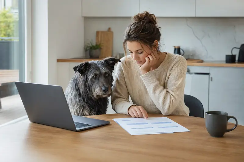 Ein Ungarischer Schäferhund sitzt ruhig neben seinem Besitzer am Küchentisch, auf dem Versicherungsunterlagen und ein Laptop zur Hundeversicherung liegen.