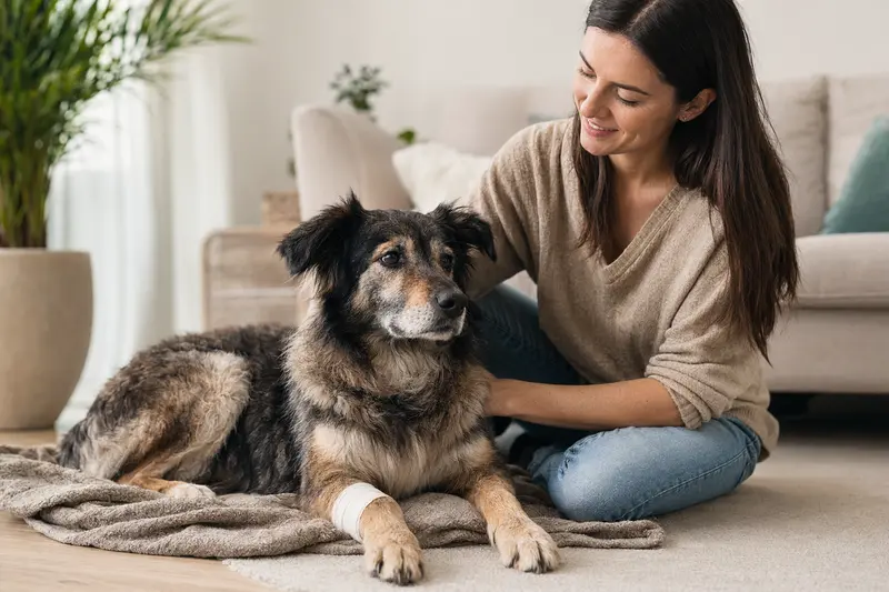 Ungarischer Schäferhund mit leicht verbundenem Pfotenverband liegt ruhig auf einer Decke, während sein Besitzer erleichtert neben ihm sitzt.