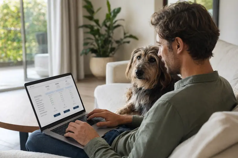 Ein Hundebesitzer sitzt mit einem Laptop auf dem Sofa, während ein Ungarischer Schäferhund daneben liegt und eine Versicherungsvergleichsoberfläche auf dem Bildschirm sieht.