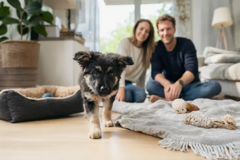 Ein junger Ungarischer Schäferhund Welpe entdeckt neugierig sein neues Zuhause auf einer weichen Decke neben Spielzeug in einer hellen Wohnung.