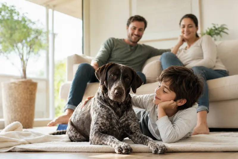 Ungarischer Vorstehhund liegt entspannt neben einem Kind im Wohnzimmer, während die Eltern im Hintergrund eine sichere Familienatmosphäre schaffen.