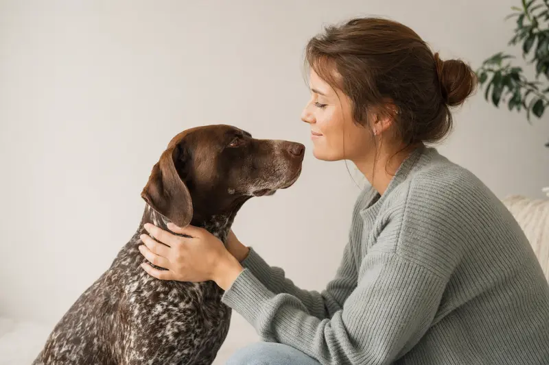 Ungarischer Vorstehhund in natürlicher Haltung vor hellem Hintergrund als realistisches Tierporträt.