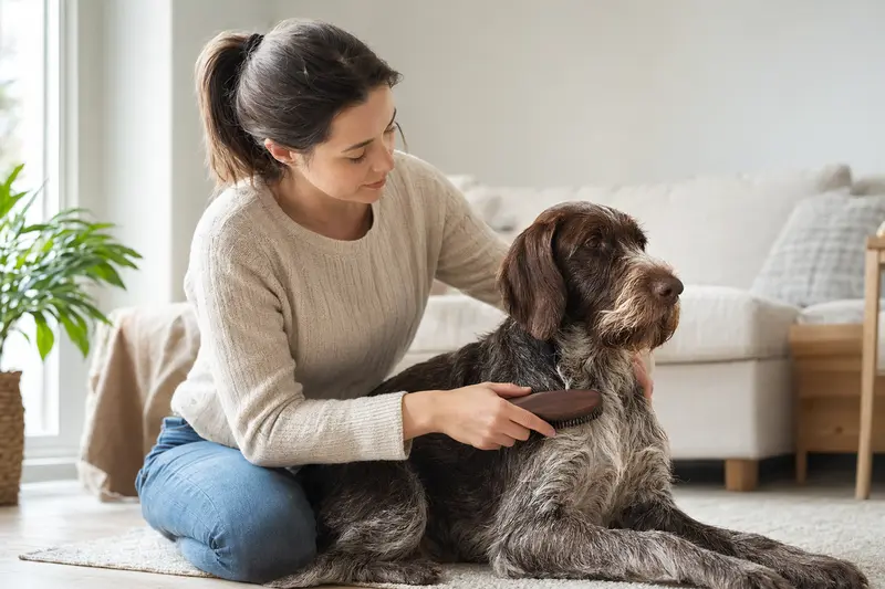 Ein Ungarischer Vorstehhund wird zuhause sanft gebürstet, während sich der Besitzer liebevoll um die Fellpflege kümmert.