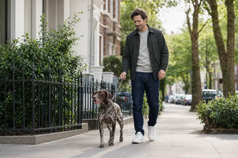 Ein Ungarischer Vorstehhund läuft entspannt an der Leine mit seinem Besitzer durch eine moderne Stadtstraße.
