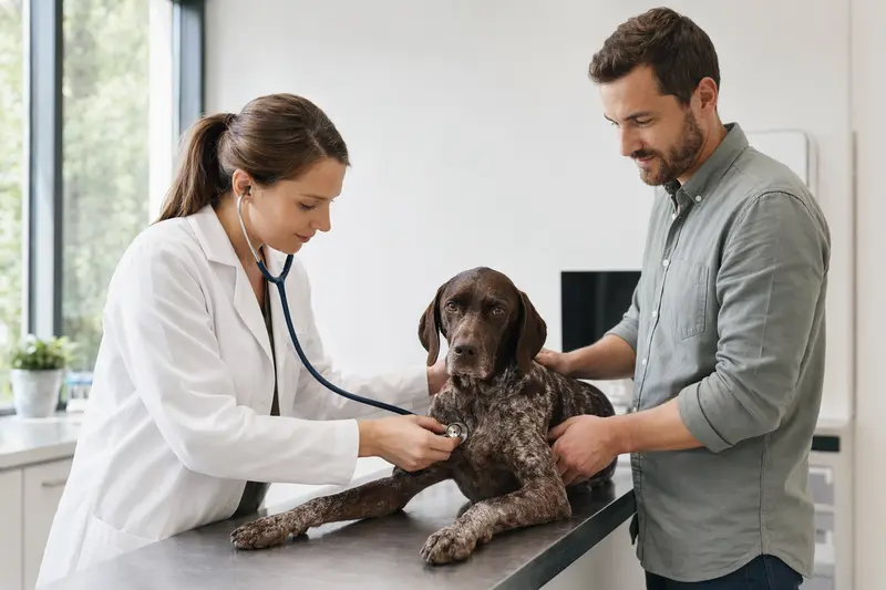 Eine Tierärztin untersucht einen ruhigen Ungarischen Vorstehhund behutsam mit dem Stethoskop, während der Besitzer in der modernen Tierarztpraxis beruhigend danebensteht.