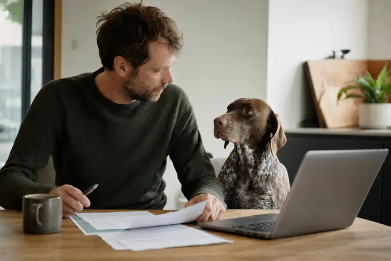 Ein Ungarischer Vorstehhund sitzt ruhig neben seinem Besitzer am Küchentisch mit Versicherungsunterlagen und einem Laptop auf einer Vergleichsseite für Hundekrankenversicherungen.