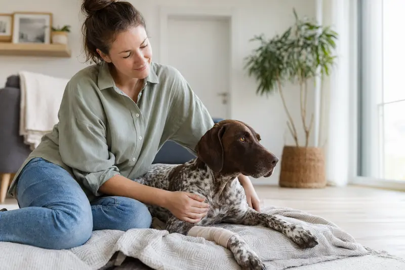 Ungarischer Vorstehhund mit leicht verbundenem Pfötchen liegt ruhig auf einer Decke neben seinem erleichterten Besitzer in einer hellen Wohnung.