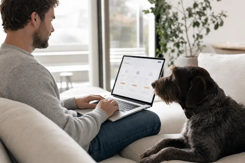 Ein Hundebesitzer arbeitet am Laptop auf dem Sofa, während ein Ungarischer Vorstehhund neben ihm sitzt.