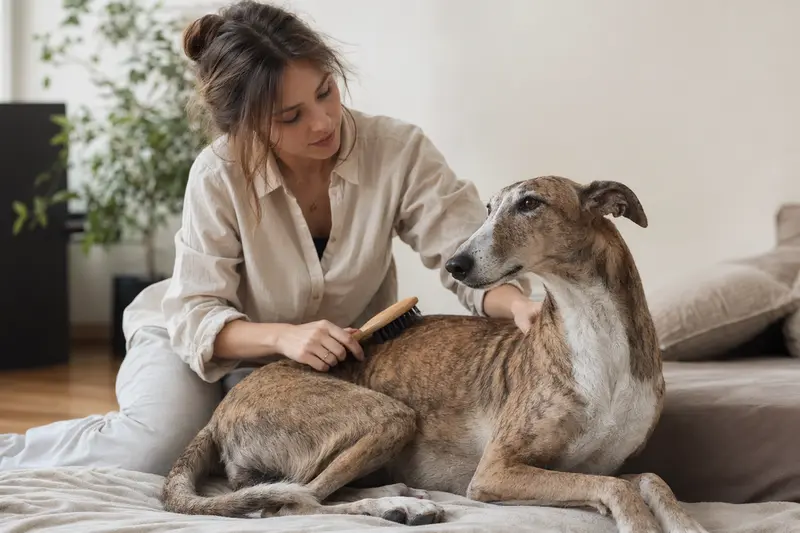 Ein Ungarischer Windhund wird in der hellen Wohnung sanft gebürstet, während der Besitzer sein Fell liebevoll pflegt.